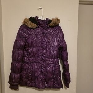 Southpole Women's Purple Hooded Puffer Jacket Faux Fur Trim Button Front Size M